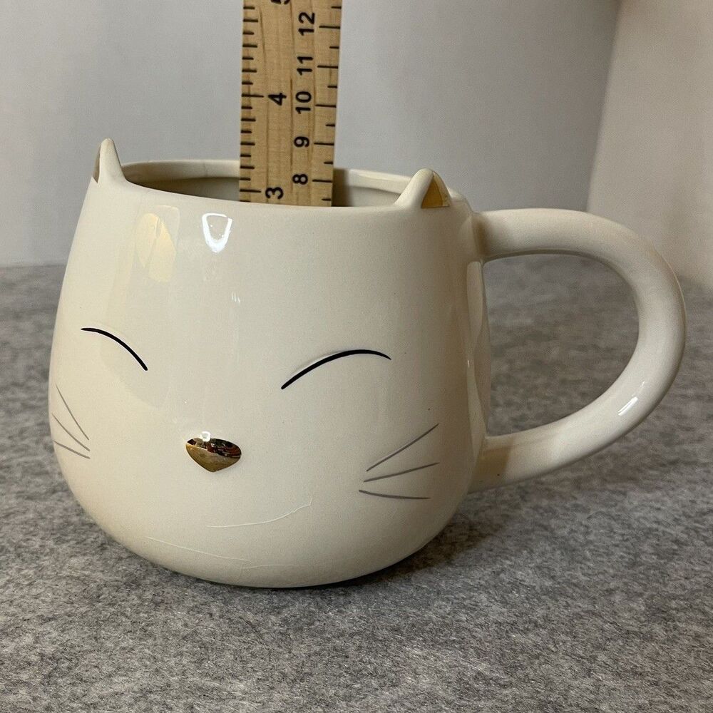 World Market Large White Cat Mug w/ Small Black Kitten Standing Inside Mug 12oz.